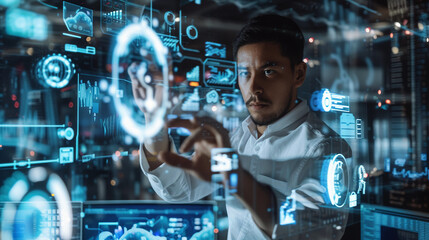tech professional wearing smart casuals, working on multiple screens in a futuristic tech hub, surrounded by advanced technology, capturing a sense of innovation and skill