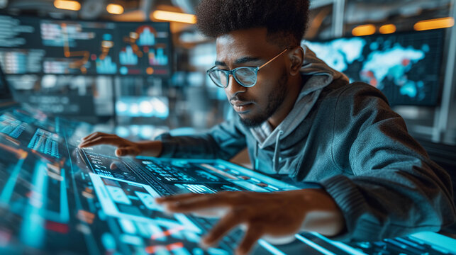 tech professional wearing smart casuals, working on multiple screens in a futuristic tech hub, surrounded by advanced technology, capturing a sense of innovation and skill