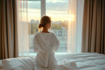 A woman stands by the window in her boudoir, dressed in a flowing robe and admiring the city lights through the sheer curtains while her bed is adorned with soft linens and her dress hangs on the wal - obrazy, fototapety, plakaty