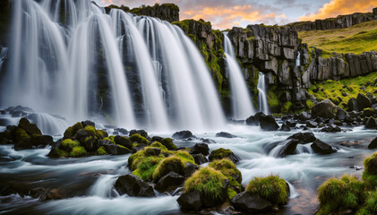 Obraz premium Scenic view of waterfall in iceland at sunset. Travel and adventure concept background.