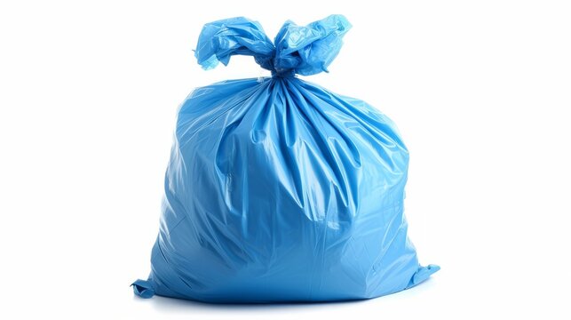 A blue garbage bag filled with trash, isolated on a white background