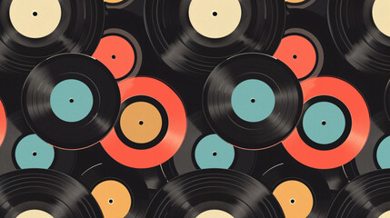 Iconic vintage vinyl records seamlessly patterned, transporting you back to the golden era of music, where the warm analog sound resonates with timeless nostalgia.