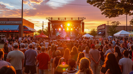 bustling outdoor music festival at sunset, crowds of people, vibrant stage lights, and a live band performing energetically
