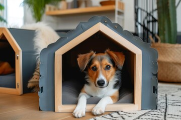 A furry puppy of a specific breed looks content and curious as it gazes out of its cozy indoor dog...