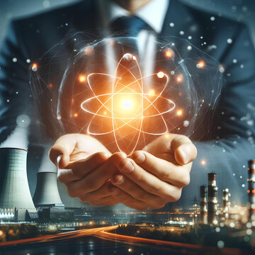 Hands shows the atom, nuclear energy concept