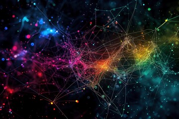 In a mesmerizing fusion of technology and creativity, a wide and colorful 2D art piece portrays an internet map resembling a dynamic brain network, set against a striking black background