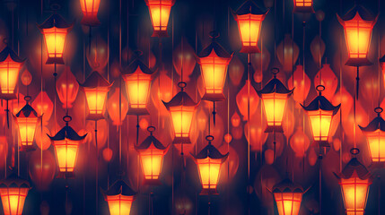 Seamless pattern of lanterns glowing warmly in the twilight sky, creating a cozy ambiance and illuminating the darkness with gentle light. Perfect for adding a touch of warmth and tranquilit