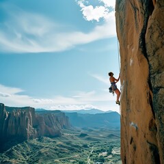 a rock climber conquering a challenging route with expansive landscapes visible below.
