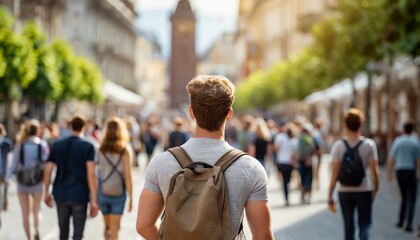 male person walking in the city; many people; crowded city street