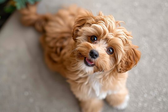 A curious companion dog gazes up at the camera with its fluffy, brown coat and endearing mix of poodle crossbreeds such as the labradoodle, goldendoodle, yorkipoo, cockapoo, schnoodle, havanese, shih