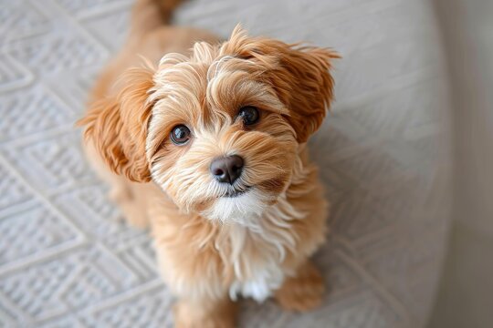 A curious toy dog breed gazes up at the camera with playful brown eyes, longing for attention from its beloved human companion indoors