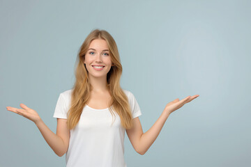 Presentation Gesture by Blond Woman in White T-Shirt