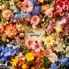 bouquet of spring flowers with text Hello, spring!