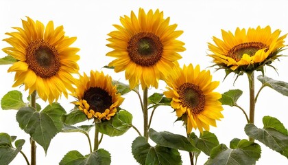five various sunflower flowers on stems at various angles on white background