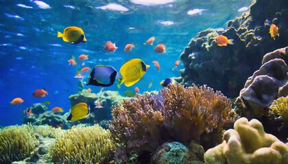 Fototapeta na wymiar tropical sea underwater fishes on coral reef aquarium oceanarium wildlife colorful marine panorama landscape nature snorkeling diving