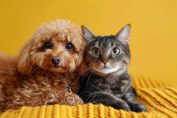 A furry bond forms as a domesticated cat and dog sit side by side, peacefully coexisting in their indoor home