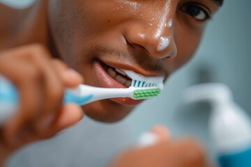 A person carefully tends to their oral hygiene, brushing their teeth with a toothbrush as they gaze at their reflection in the mirror
