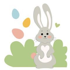 Cute bunny stands with Easter eggs. Rabbit icon isolated on white background. For Moon Festival, Chinese Lunar Year of the Rabbit, Easter decoration.