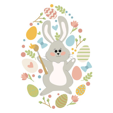 Cute bunny lies with Easter eggs. Rabbit icon isolated on white background. For Moon Festival, Chinese Lunar Year of the Rabbit, Easter decoration.