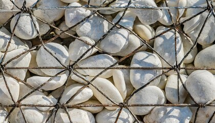 a lot of large white polished pebbles behind a metal grid