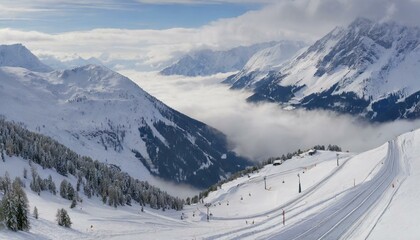 Fototapeta na wymiar Beautiful mountain view with ski track on side of the high snowy mountain