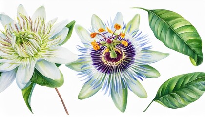 watercolor tropical flowers white passiflora set - obrazy, fototapety, plakaty