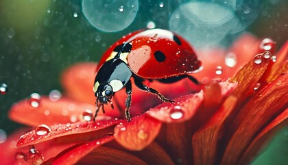 ladybug on red flower petal with water drops close up a ladybug sitting on a red flower on blurred background generated