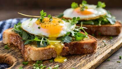 a traditional breakfast or brunch dish roasted eggs with greens on a sourdough bread toast egg yolk melting and dripping
