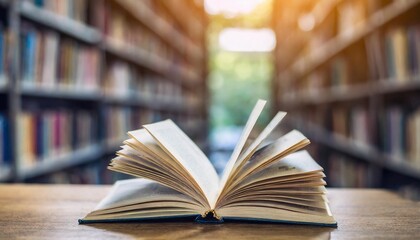 book stack and open book on the desk in public library