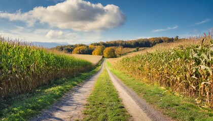 Fototapeta na wymiar rural road inside field of corn autumn landscape