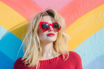 Portrait of girl wearing novelty glasses while puckering against wall. Close up of young woman wearing a red heart shaped sunglasses in colorful background