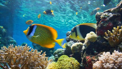 Naklejka na ściany i meble tropical sea underwater fishes on coral reef aquarium oceanarium wildlife colorful marine panorama landscape nature snorkeling diving