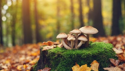 mushrooms on a stump covered with moss in autumn forest