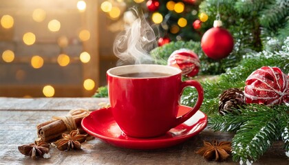 Fototapeta na wymiar hot drink in red cup with christmas decorations at home