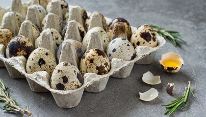 quail eggs in the cardboard packing on the grey table