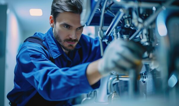 A skilled plumber wearing a blue suit fixing a leak in the bathroom of a rental property.