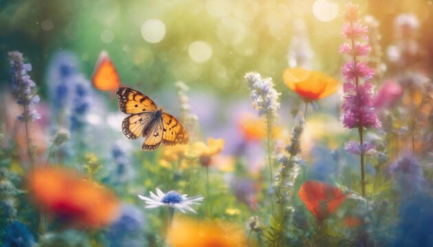 beautiful field of colorful wild flowers and butterflies in the rays of sunlight in summer in the spring a picturesque colorful artistic image with a soft focus bokeh abstract minimalistic print i