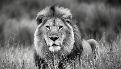 male lion in the grass monochrome