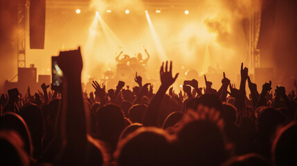 Silhouette of an enthusiastic crowd, arms raised, cheering in unison at a vibrant, electrifying concert. The energy is palpable as the crowd revels in the music.