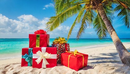 christmas gifts near palm tree on a tropical beach christmas holiday travel
