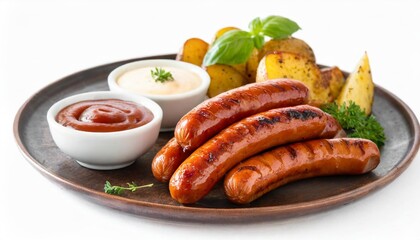 assorted grilled sausages served with baked potatoes and sauce isolated on white background