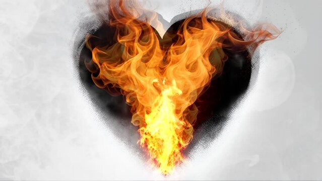 fire flame heart shape isolated on black background, flame loving heart broken from love with a crack on a black background