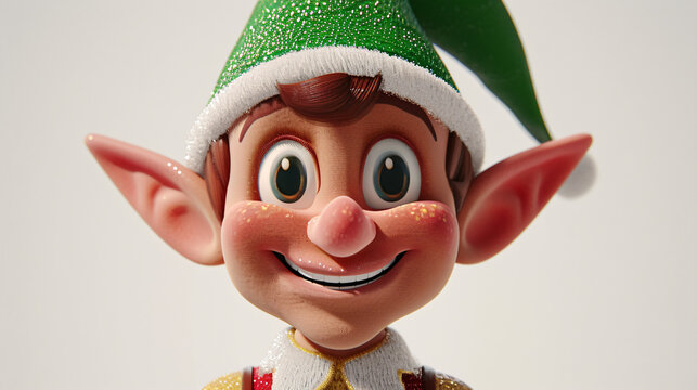 A delightful 3D illustration capturing the charm of a cheerful elf with a contagious smile. This close-up portrait showcases the elf's twinkling eyes and pointy ears, bringing a touch of mag