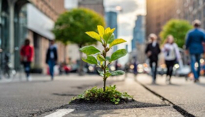Small tree sprouting out the asphalt sidewalk with busy people in the background - obrazy, fototapety, plakaty