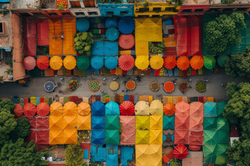 A drone image of a bustling outdoor market, showcasing the vibrant colors and diverse stalls of a community gathering. Concept of aerial market exploration. Generative Ai.