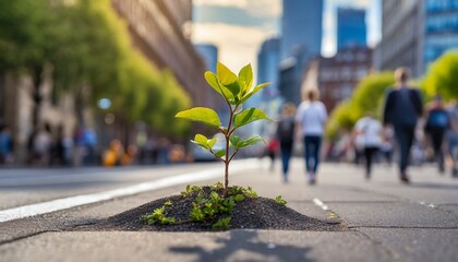 Small tree sprouting out of a sidewalk in busy city street with people walking in background