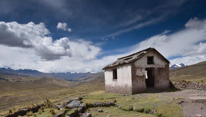 Fototapeta na wymiar an abandoned and semi destroyed house in the middle of nowhere in a vast andean landscape above 3000 m above sea level horizontal