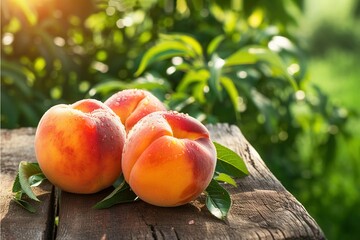 Fresh peaches on a wooden table in the garden