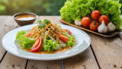 homemade muslim salad with sweet sauce on wood table background green salad halal food on white plate