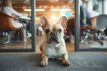 A contented french bulldog lounges on the indoor floor, showcasing its adorable snout and calm...